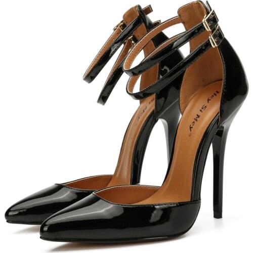 Brand Shoes Heels Women Shoes Pumps Patent Leather Buckle Strap 13CM Thin High Heels Pointed Toe fashion Dress Party shoes woman