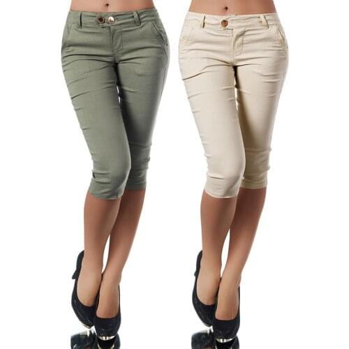 Women Ladies Pencil Pants Summer Pockets Button Skinny Calf Length Pants Casual Stretch 3/4 Trousers Plus Size Female Capris New