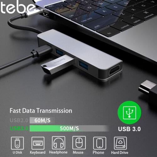 Tebe 5 IN 1/6 IN 1 Type c Hub For Macbook Huawei Aluminum Alloy USB-C to HDMI 3 Ports USB 3.0 Dock Hub Type C PD Fast Charging
