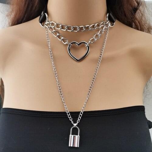 Multi Layer Lover Lock Pendant Choker Necklace Vintage punk leather Padlock Heart Chain Necklace For Women Jewelry Gift