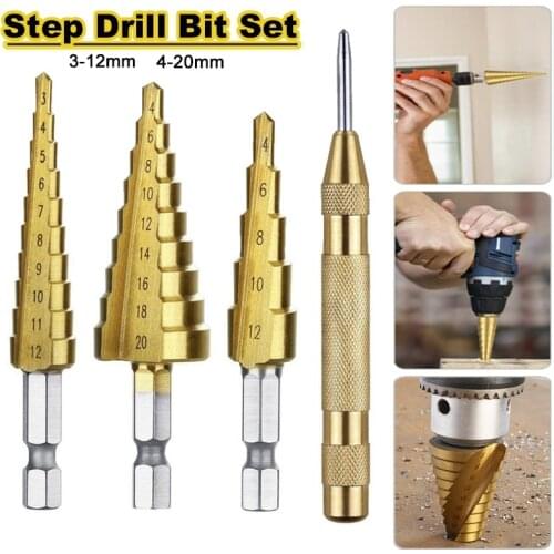 Step Drill Bit Set Woodworking Tools Titanium Coated Metal Wood Hole Cutter Hex Shank 3-12mm 4-12mm 4-20mm 3pcs Core Drill Bits