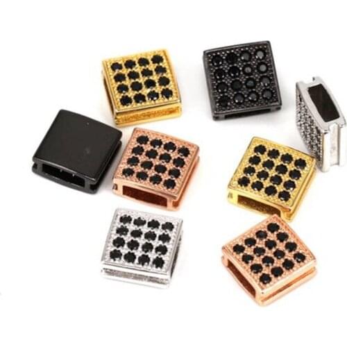 Flat square Men Yellow gold spacer beads charms micro pave bead Cubic Zircon CZ space beads with black CZ