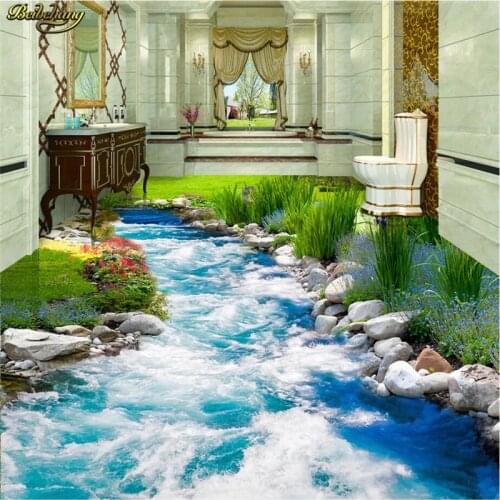 Beibehang Custom Photo Wallpaper Floor Painting Striped Grass Creek Water 3D Floor Tile Three - dimensional Painting