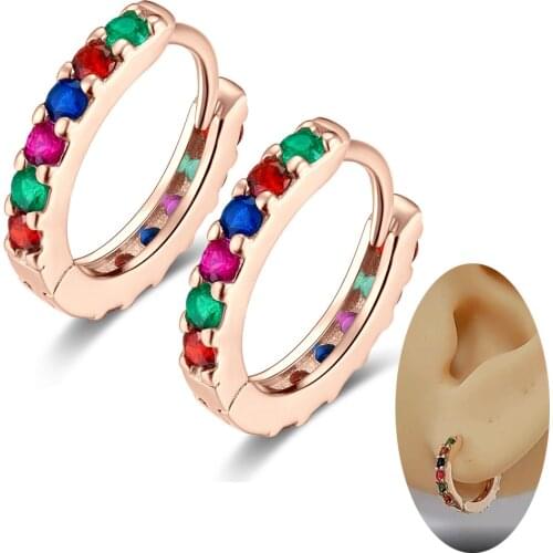 Colorful Cubic Zirconia CZ Huggie 10mm Hoop Earrings 925 Sterling Silver Ear Conch Cartilage Lobe Piercing for Women Teens