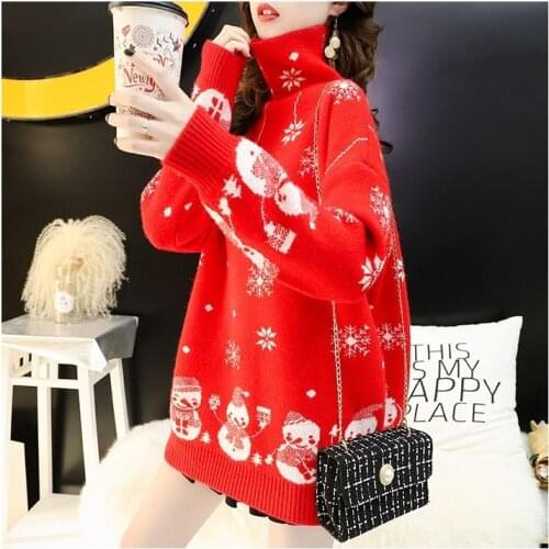 Christmas red turtleneck pullover sweater womens new autumn and winter base shirt loose Korean style lazy wind top