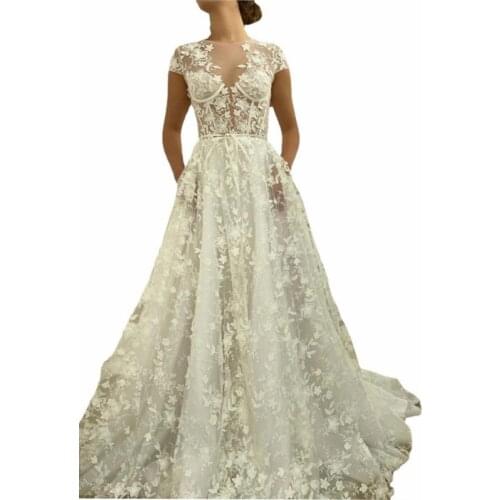 Mesh Patchwork Short Sleeve High Waist Dresses Long Lace Embroidery Train Bridal Gown Elegant Plus Size 2021 New White Dress