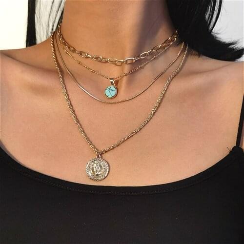 Trendy Multilayer Chain Necklace For Women Vintage Stone Dangle Choker Geometric Round Coin Pendant Necklaces Jewelry