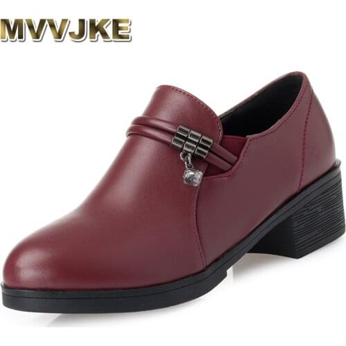 MVVJKE 2018 Genuine Leather Med Heels Slip On Women Pump Square Heel Women Shoes Round Toe Pumps Spring Autumn Footwear E178