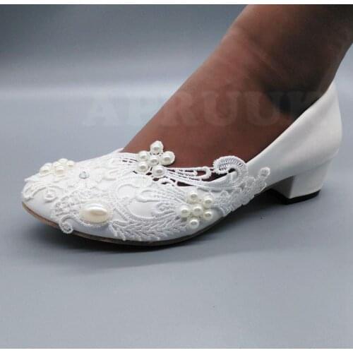 Women white wedding shoes handmade lace ivory pearls 4cm block chunky low middle heel bridal pumps shoe