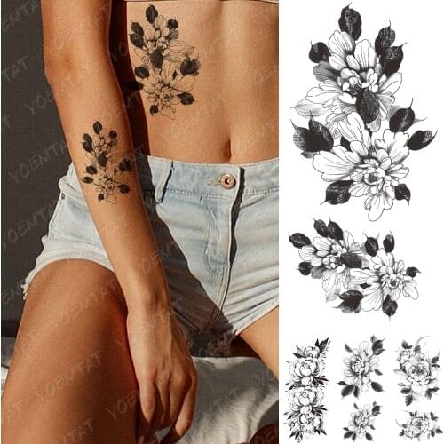 Waterproof Temporary Tattoo Sticker Peony Plum Blossom Flower Black Flash Tattoos Female Minimalist Line Body Art Fake Tatto