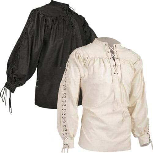 Adults Boys Mens Middle Age Renaissance Gothic Steampunk Knight Solider Medieval Landlord Lace White Black Top Shirts Costume