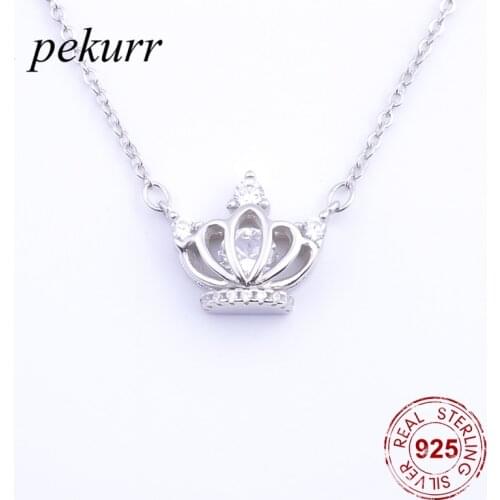 Pekurr 925 Sterling Silver Cubic Zirconia Queen Crown Necklaces Pendants For Women Classic Jewelry Silver Chain Gifts