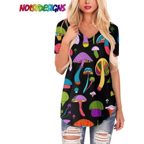 NOISYDESIGNS Summer Women T Shirts Colorful Mushrooms Print Top Tee Short Sleeve Tee Cartoon Black T-shirt Female Vetement Femme