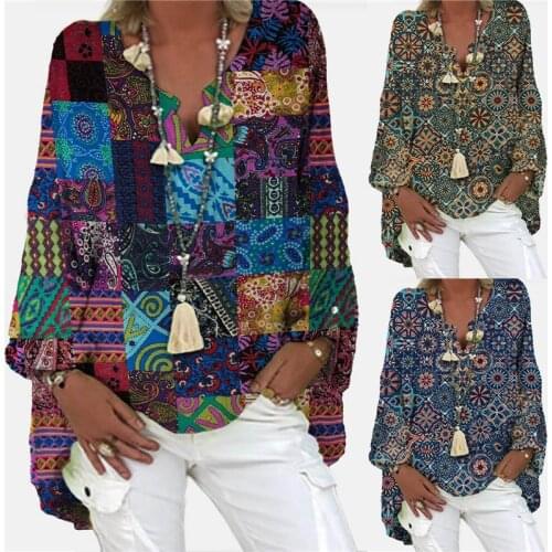 4XL Vintage Geometric Print Blouse Women Shirt 2021 Casual V-Neck Long Sleeve Pullover Tops Fashion Street Oversize Female Blusa