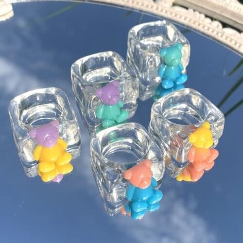 2021 New Colourful Transparent Resin Acrylic Square Round Rings for Women Vintage Resin Gummy Bear Rings Jewelry Travel Gifts