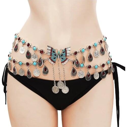 New National Style Belly Dance Waist Chain Tassel Flower Butterfly Accessories Drop Shaped Pendant Trend Belt Girl