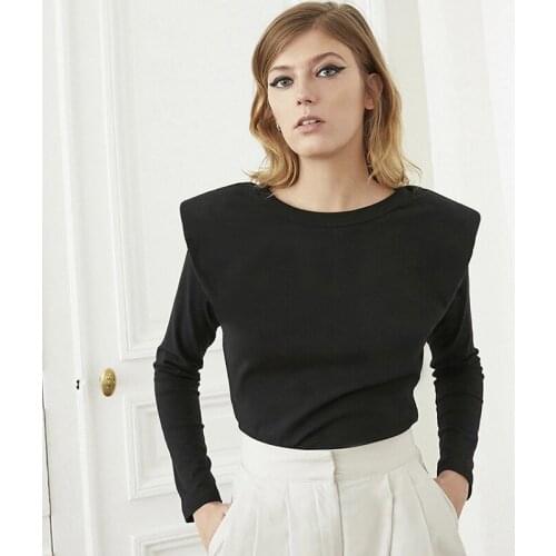 2020 Women New Pads Shoulder Top Graceful Long Sleeve Fashion T-Shirts Ladies Autumn Spring Solid Color Top for Work Daily Wear