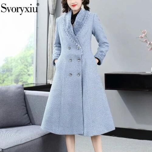 Svoryxiu Designer Winter Double Breasted Overcoat Outwear Womens Long Sleeve Beaded Fur Collar Blue Tweed Thick Long Coat