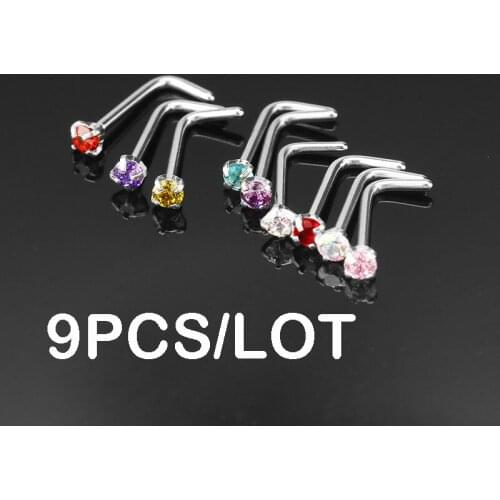 9PCS Sexy Zircon Crystal Nose Rings Nose Studs L Shape Nose Piercing Jewelry Surgical Steel 20G Mix Colors For Women