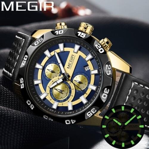 MEGIR Men Watch Top Luxury Brand Chronograph Military Sport Wristwatch Genuine Leather Quartz Male Clock Relogio Masculino 2096