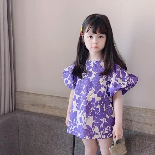 Girls Flowers Party Costumes New Summer Baby Girl Casual Cute Dresses Korean Puff Sleeve Children Suits 1-6 Years Kids Clothes