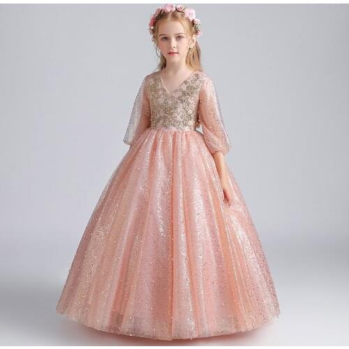 Flower Girl Dresses Beading Pearls Embroidery Princess Sequined V-Neck Ball Gown Floor-Length Tulle Lace Kids Party Skirt H081