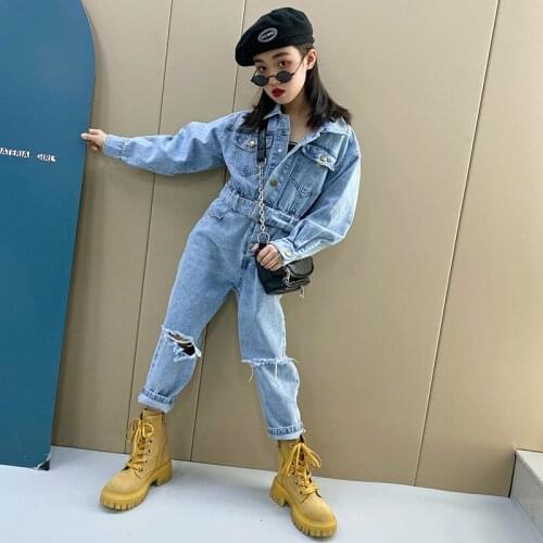 Baby Girls Net Red Denim Jumpsuit Spring New Korean Version of The Big Boys Western Style Waist Waist Casual Pants Girls Pants