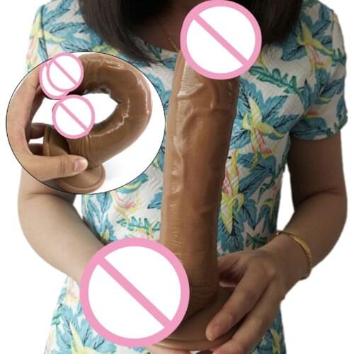 Women masturbation huge dildo 23.5cm long flexible big testis brown TPE realistic penis with strong sucker women lesbian shop