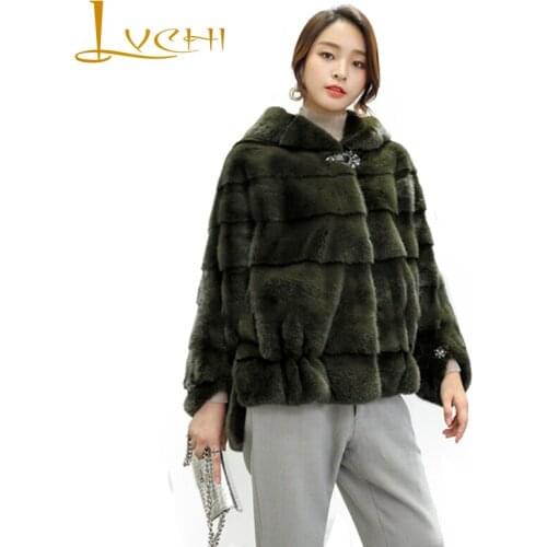 LVCHI Winter 2019 Import Swan Velvet Real Mink Fur Coat Womens Batwing Sleeve With Fur Hood Coat Short Loss Slim Mink Coats