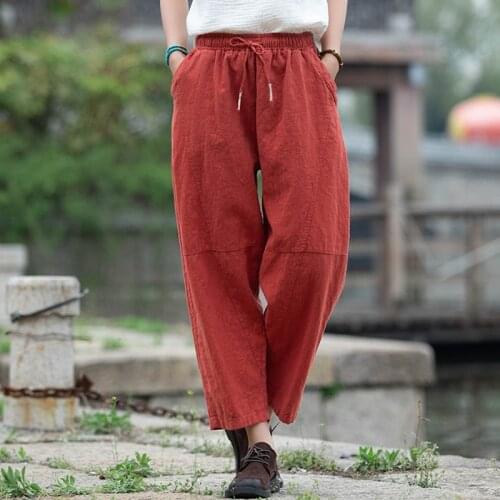 Johnature Women Vintage Cotton Linen Pants Elastic Waist Solid Color Patchwork Pockets Trouser 2021 Summer Casual Harem Pants
