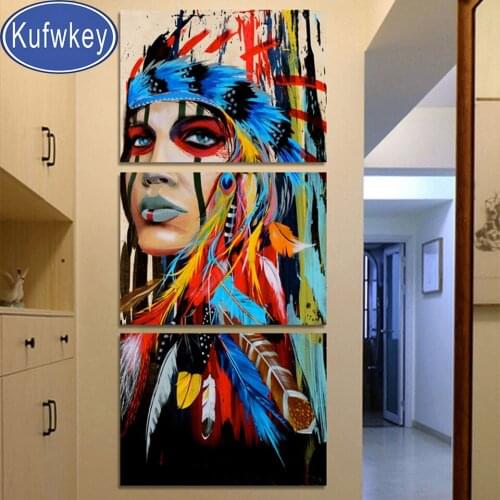 Triptych Mosaic Diamond Art Indian with feather Woman 5d Embroidery Full Round Square Diamond Painting Cross Stitch 3 Pcs
