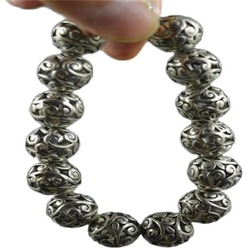 China Handwork Tibetan Silver Carve Hollow Flower Bead Lucky Bracelet