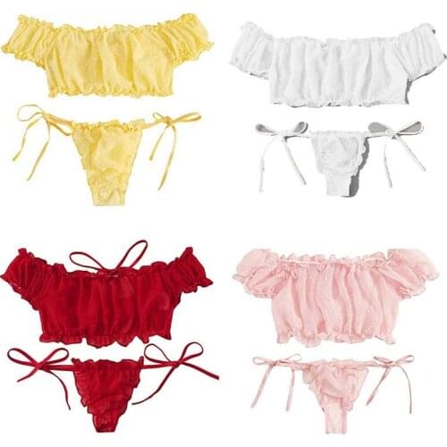 Set Off Shoulder Lace Up Bikinis Women Sweet Casual Short Sleeve Suits Swimsuits Beachwear Bathing Suits