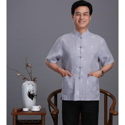 Tang Suit Shirt Mens Chinese Style Traditional Casual Shirts Men Kung Fu Uniform Linen T-Shirt Mandarin Collar Short Sleeve