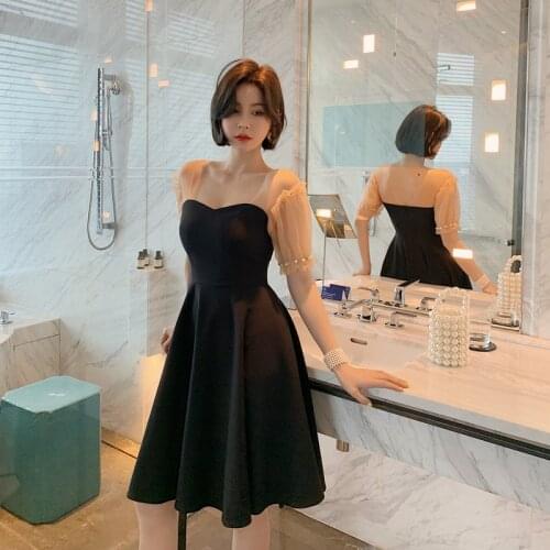 Summer Women Patchwork Mesh A Line Party Dress High-end Beading Vacation Dress Vintage Square Collar Short Sleeve Dress Vestidos