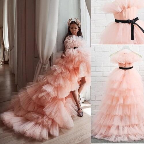 Lovely Pink Tiered Flower Girl Dress For Wedding High-Low Party Ball Gown Kid Birthday Princess Dresses First Communion Gowns