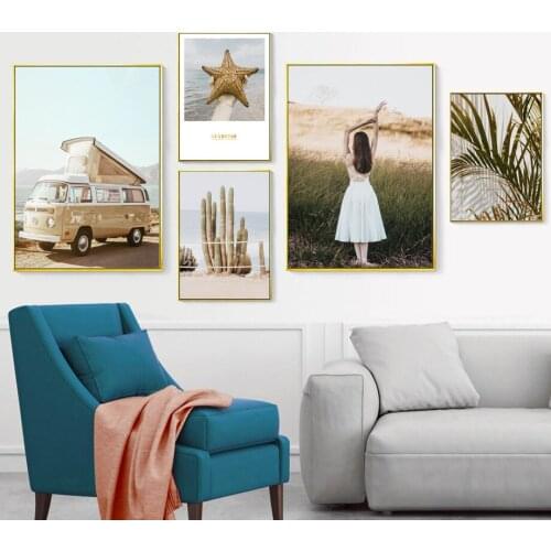 Cactus Sea Starfish Palm Leaf Girl Bus Wall Art Canvas Painting Nordic Posters And Prints Wall Pictures For Living Room Decor