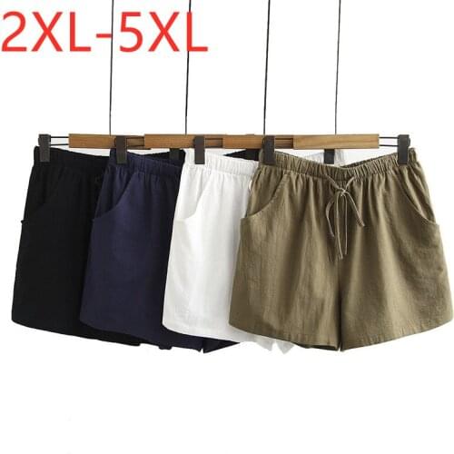 New 2021 Ladies Summer Plus Size Shorts For Women Large Loose Casual Loose Cotton Linen Green Pocket Belt Shorts 2XL 3XL 4XL 5XL