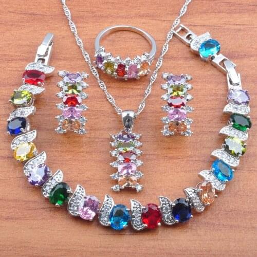 2020 New Arrival Exquisite Women Fashion Jewelry Sets Silver Plated Colorful Zircon Clip Earrings/Necklace/Bracelet/Ring JS00561