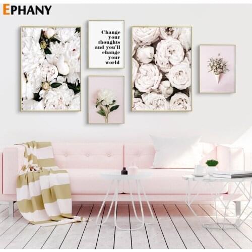 Pink Rose Peony Flower Wall Poster Nordic Botanical Floral Print Positive Quote Picture Scandinavian Canvas Painting Home Decor
