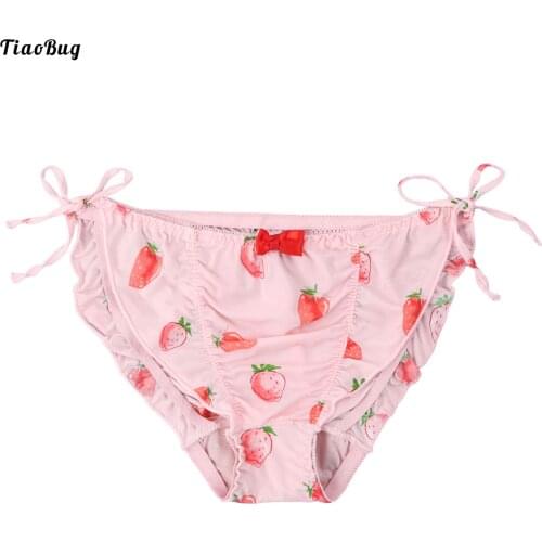 Kawaii Womens Pink Printed Strawberry Panties Japanese Side Tie Lace-Up Cute Cotton Underwear Ice Silk Low Waist Briefs