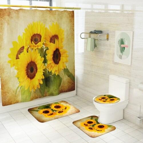 Fabric Shower Curtain Sunflower Bathroom Decor Beautiful Flowers Print Bath Mat Set Pedestal Rug Toilet Cover Bathtub Curtains