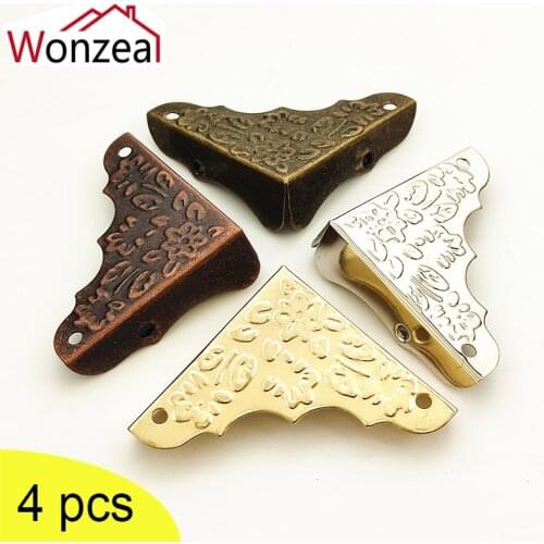 4PCS Antique Brass Jewelry Bronze Furniture Metal Crafts Scrapbook Box Corner Foot Wooden Case Corner Protector Decorative