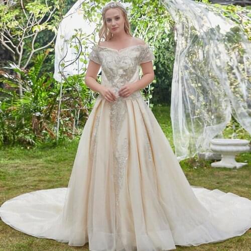 Evening Dress Embroidery Boat Neck Luxurious Pleat Floor-Length Empire A-Line Short Sleeves Plus Size Women Formal Gowns D1057