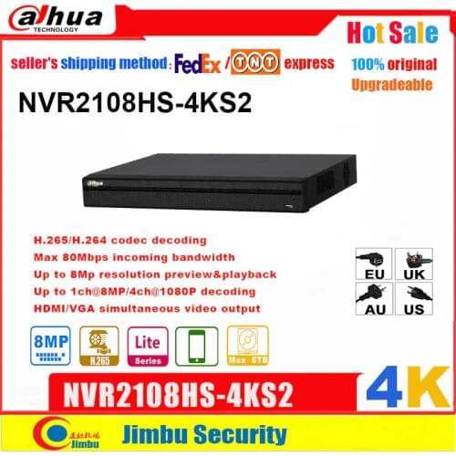 Dahua NVR Compact 1U Lite 4K H.265 NVR2108HS-4KS2 8CH Up To 8MP resolution Max 80Mbps incoming bandwidth video recorder DVR