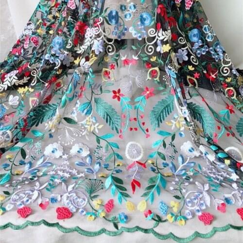 Vintage Multicolor Floral Embroidery Lace Fabric on Black Tulle Fabric for Dress, Skirts, Gowns or Prom Dress,Wedding dress