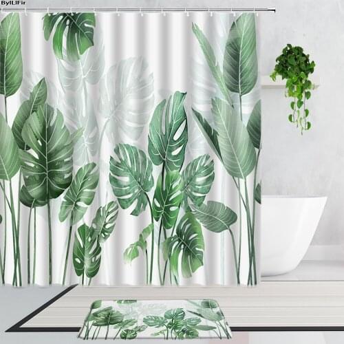 Tropical Green Plant Leaf Palm Shower Curtains European Leaves Simple Art Decor Bathroom Curtain Fabric Non-Slip Bath Mat Carpet