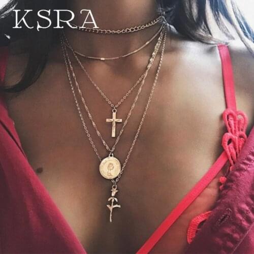KSRA Bohemia Cross Moon Multilayer Pendant Necklace For Women Vintage Gold Color Chain Choker Necklaces Jewelry 2020 New