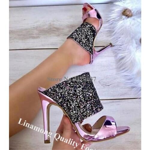 Linamong Summer Open Toe Shining Glitter Patchwork Stiletto Heel Sandals Pink Sequined Slipper High Heel Sandals Dress Heels