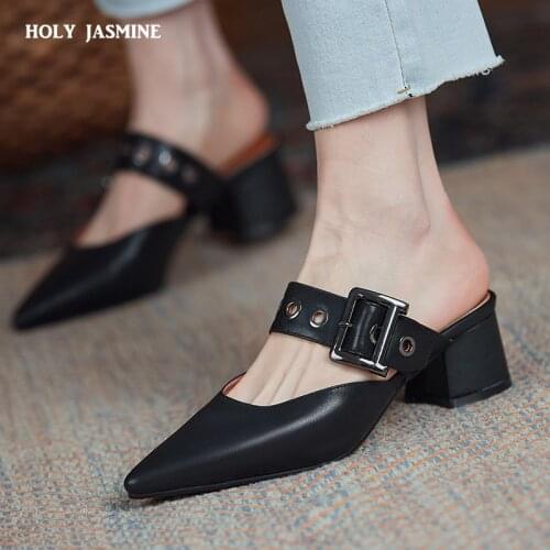 Baotou Half Slippers Womens 2021 Summer Fashion All-match Belt Buckle Pointed High Heel Retro Mule Shoes Thin Heeled Slippers